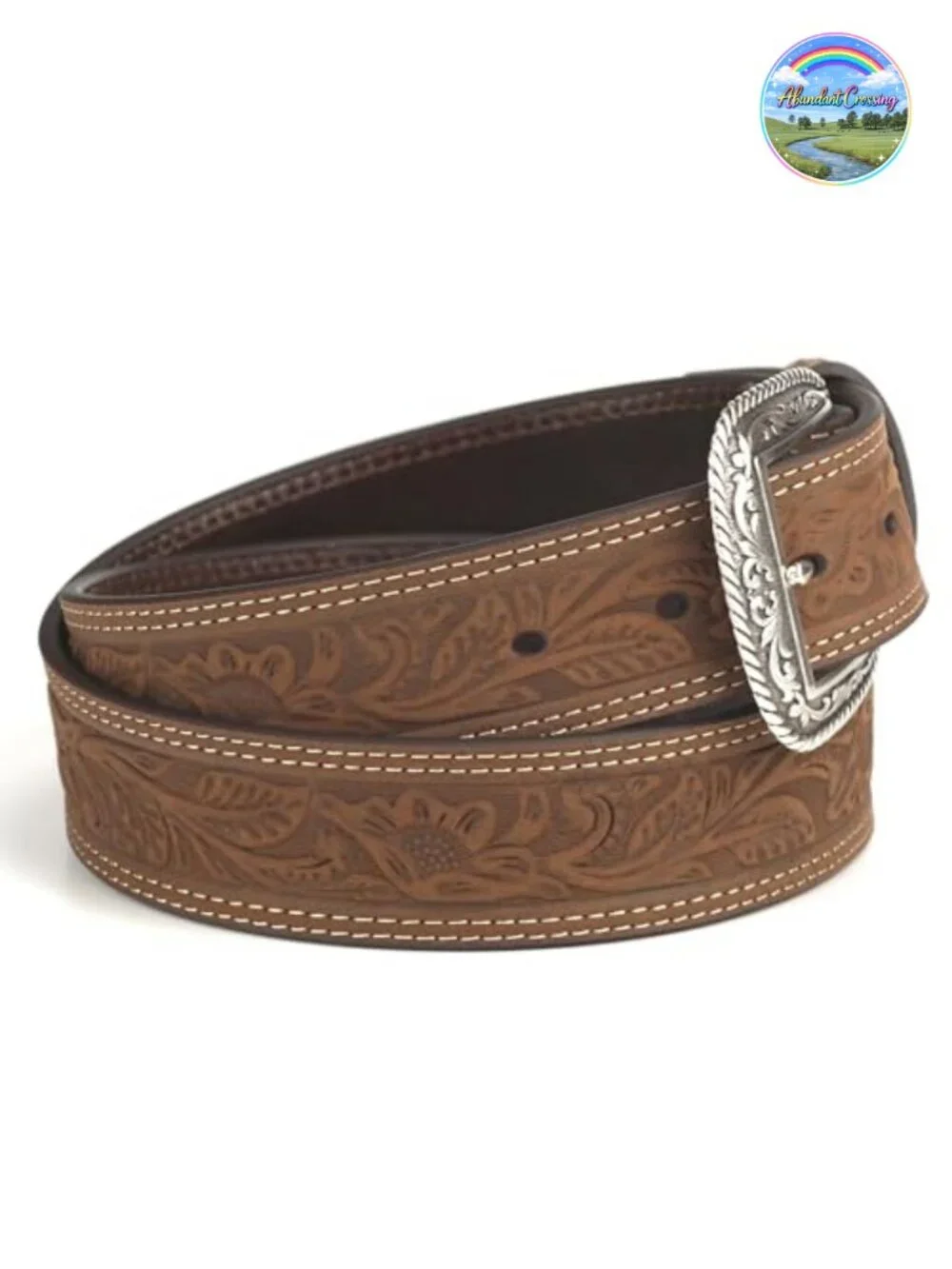 Leather Floral Embossed Belt with Buckle Closure for Dress or Jeans